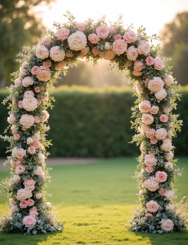 Breathtaking floral wedding arch with soft pink and white roses